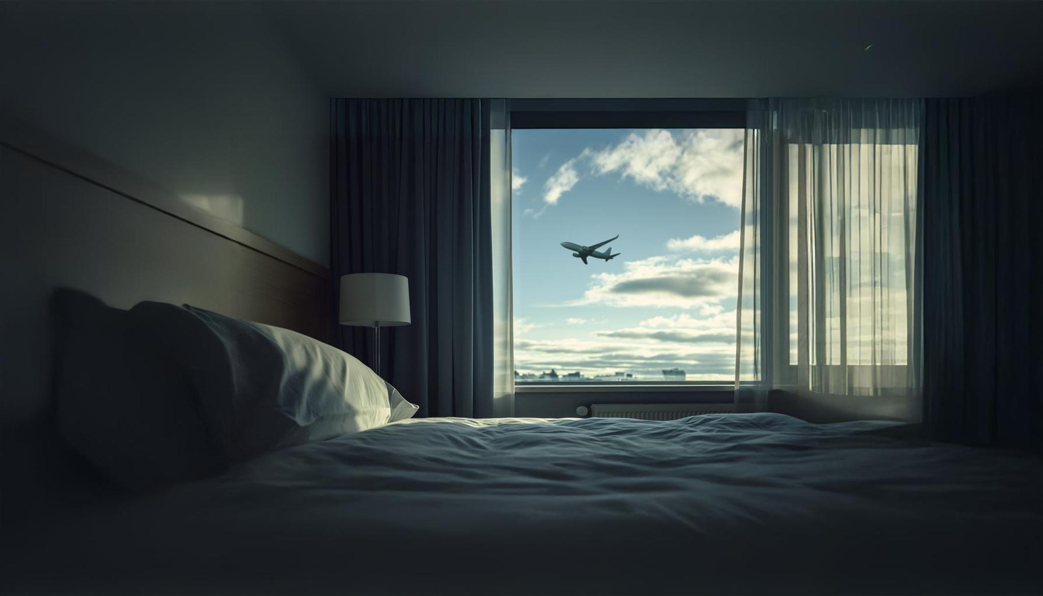 inside of airport hotel looking at airplane taking off