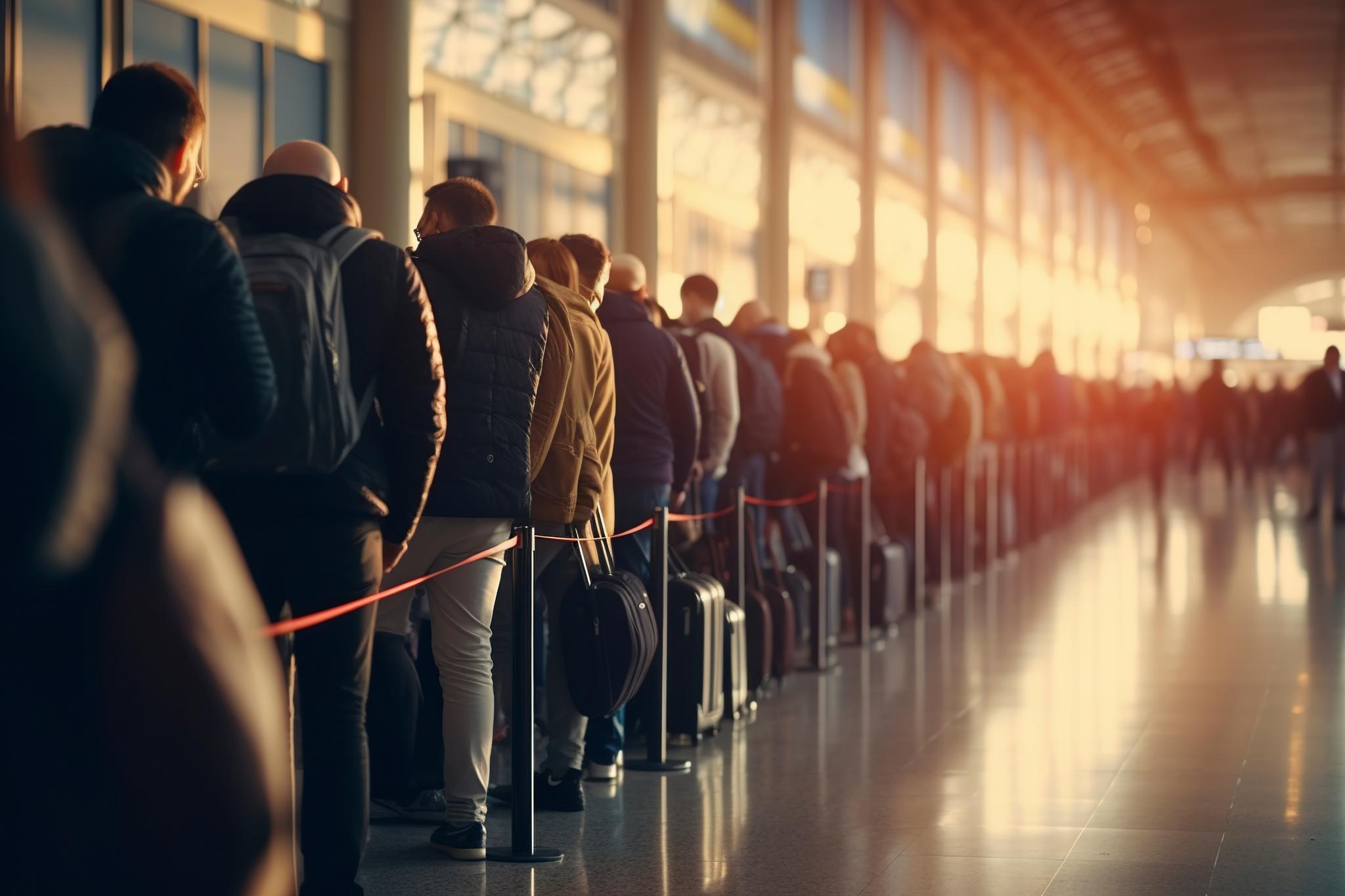 Air travelers in a long line waiting in security checkpoint line