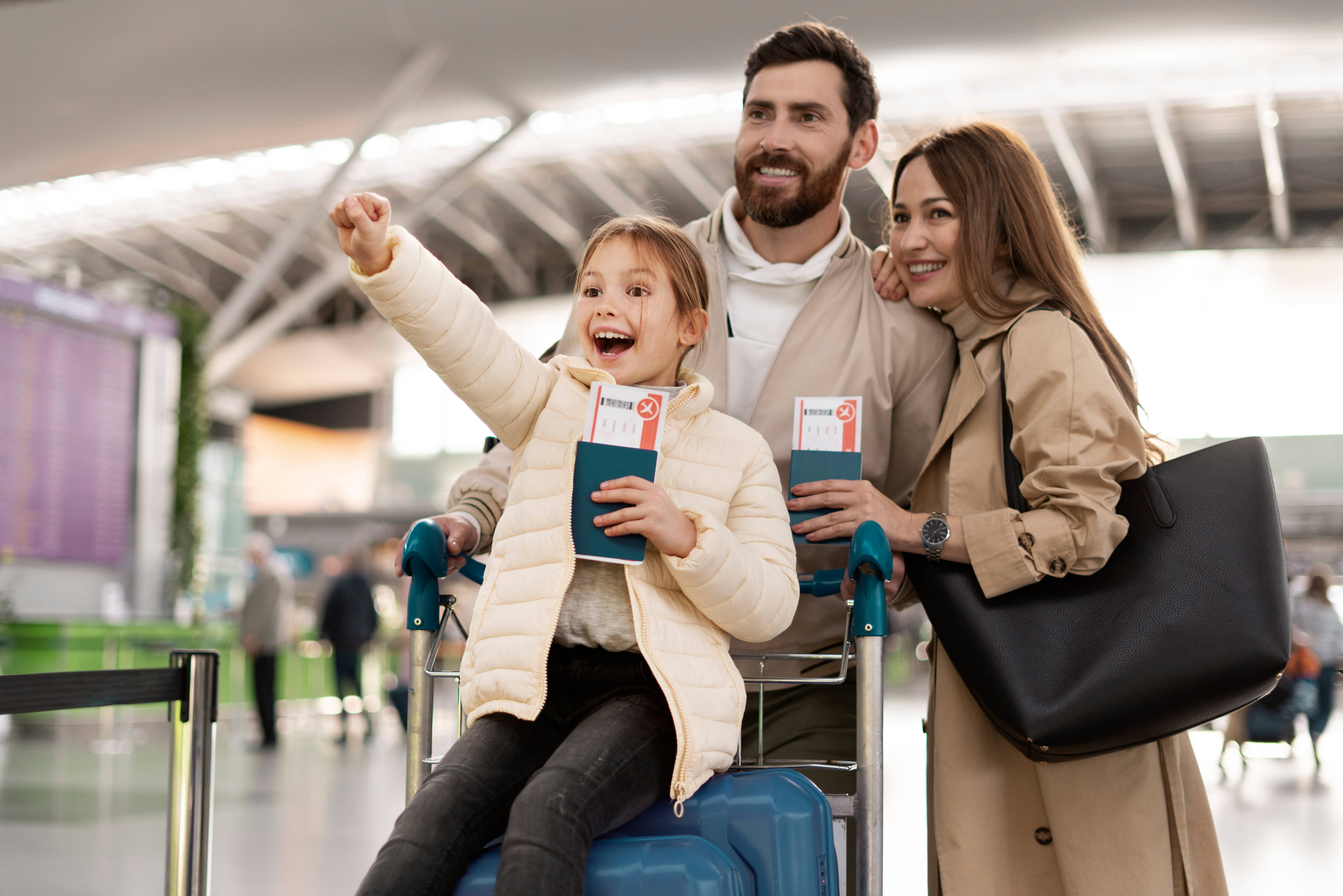 Medium shot happy family at airport