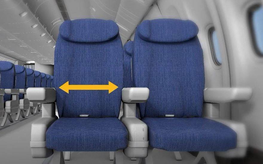 Photo of airline seat with graphic showing that it is very small