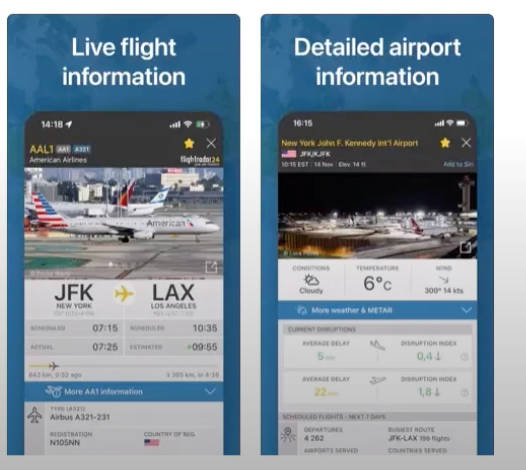 Screens displaying a flight tracking app with various flight details and map routes