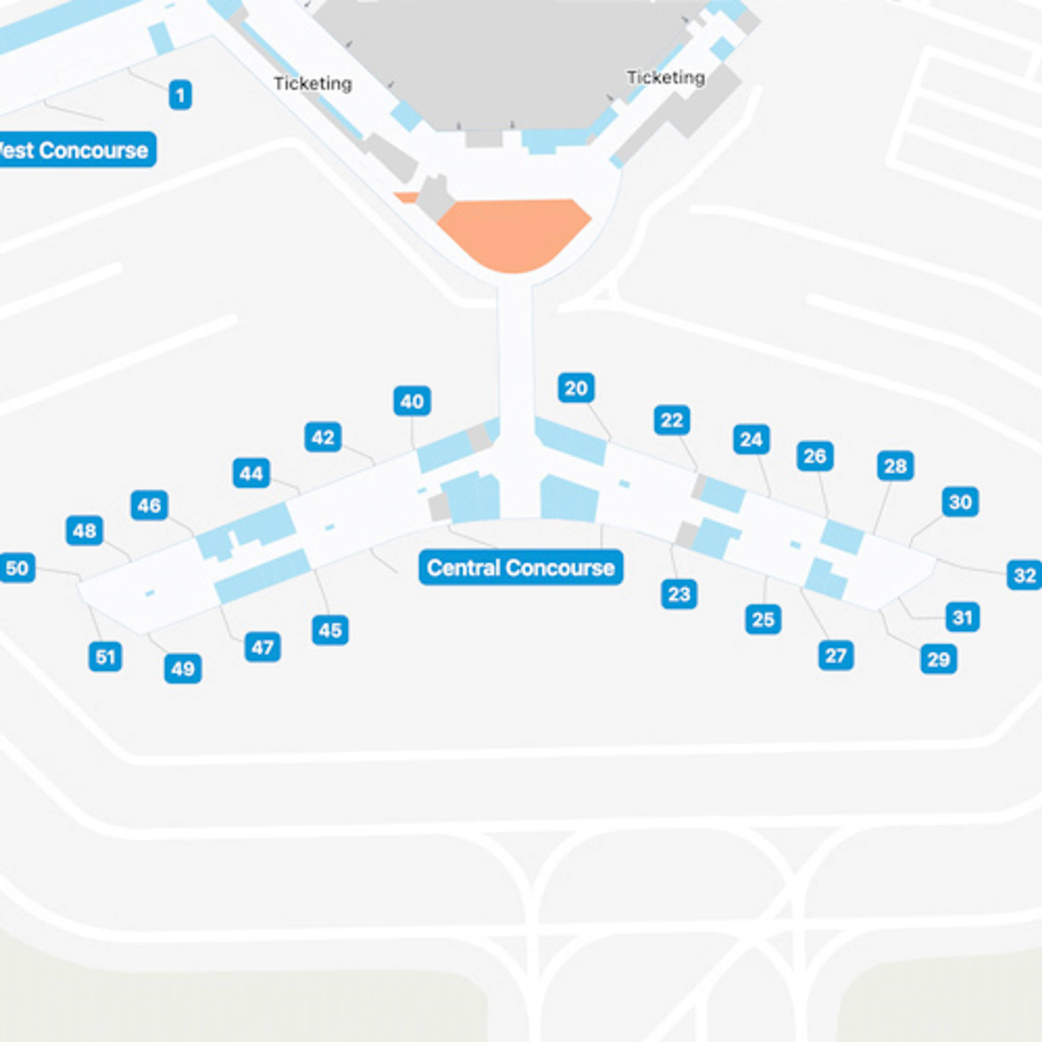Houston Hobby Airport HOU Central Concourse Map