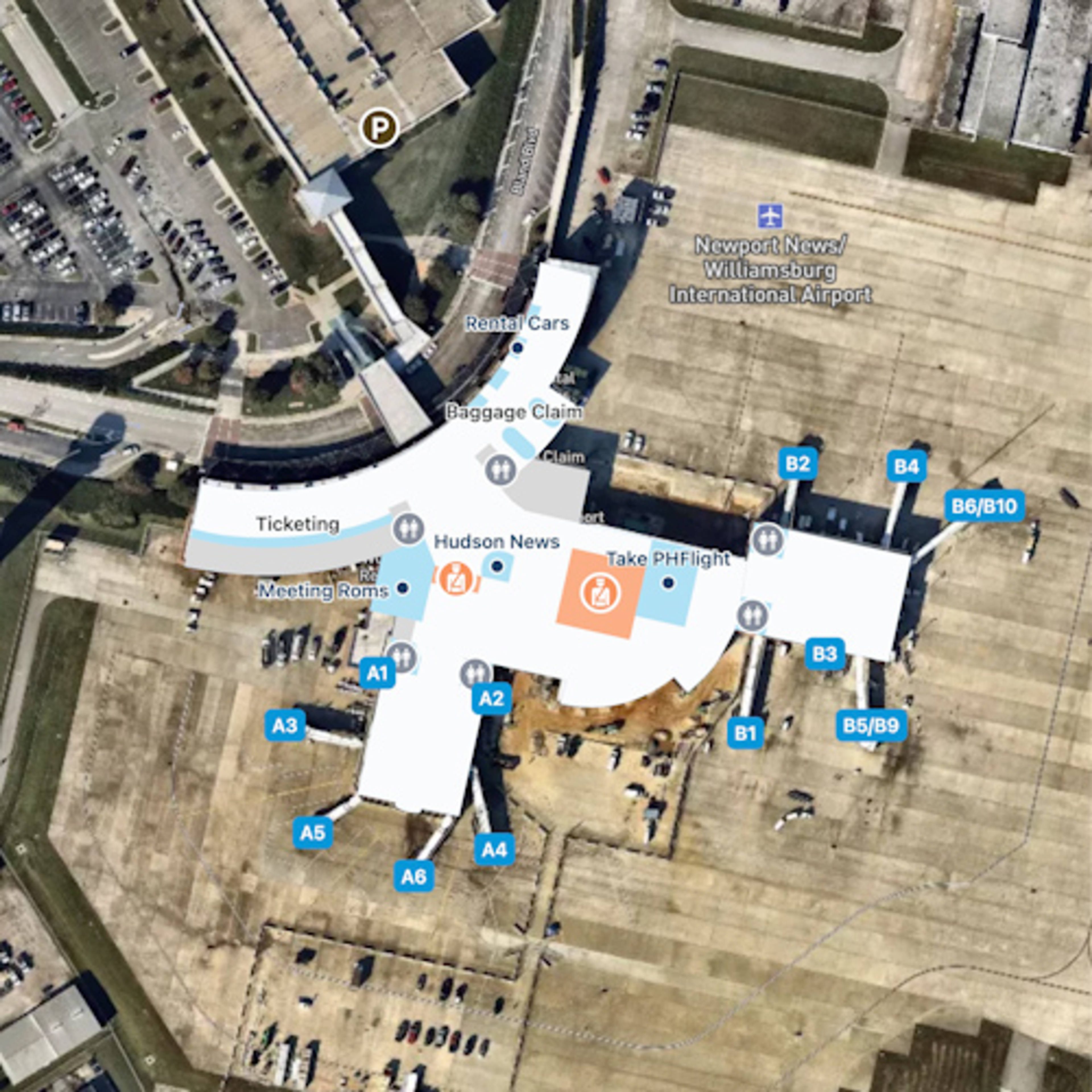 Newport News Williamsburg Airport PHF Terminal Overview Map